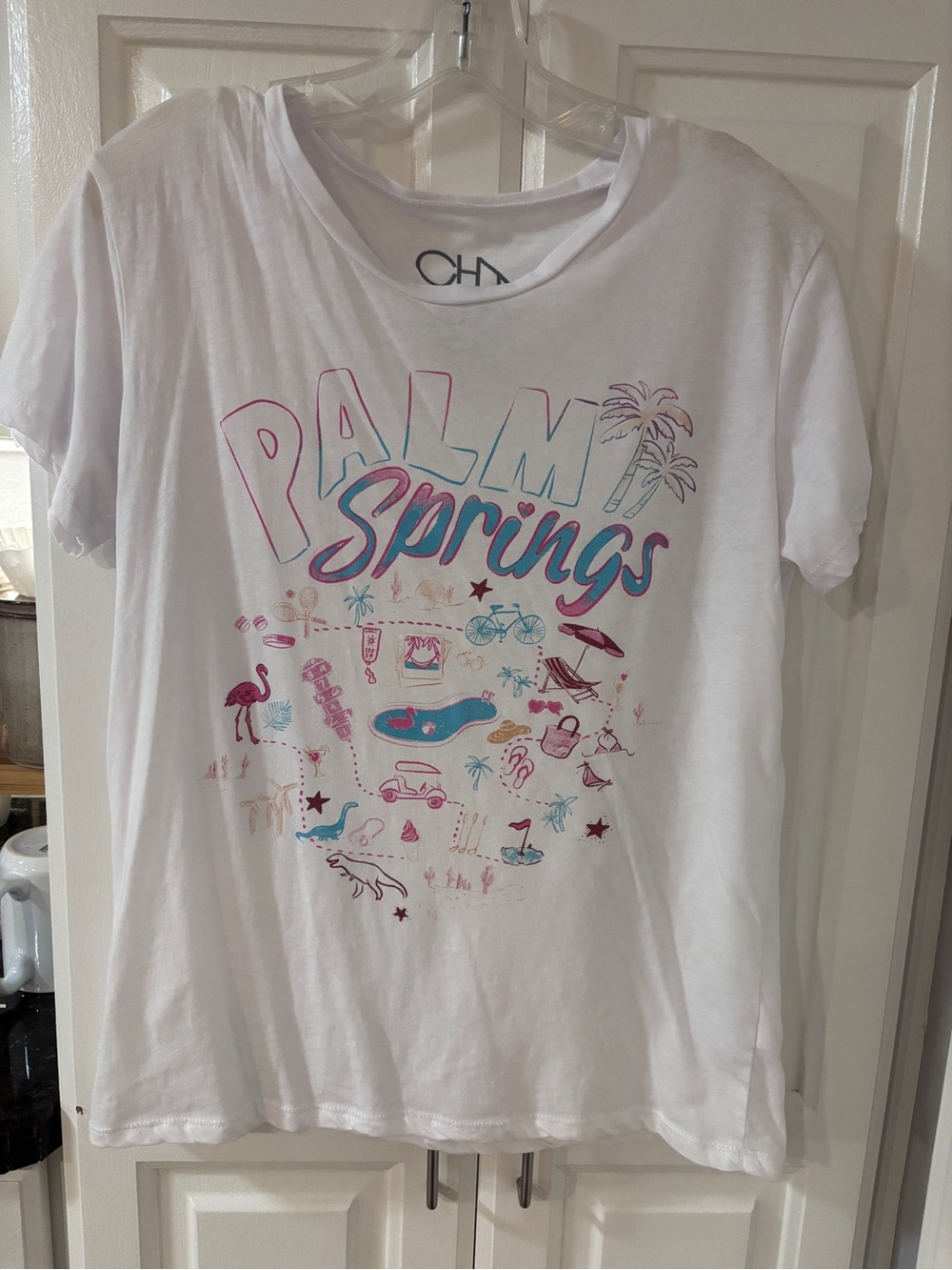 Chaser White Tee with Pink & Teal Script Accents